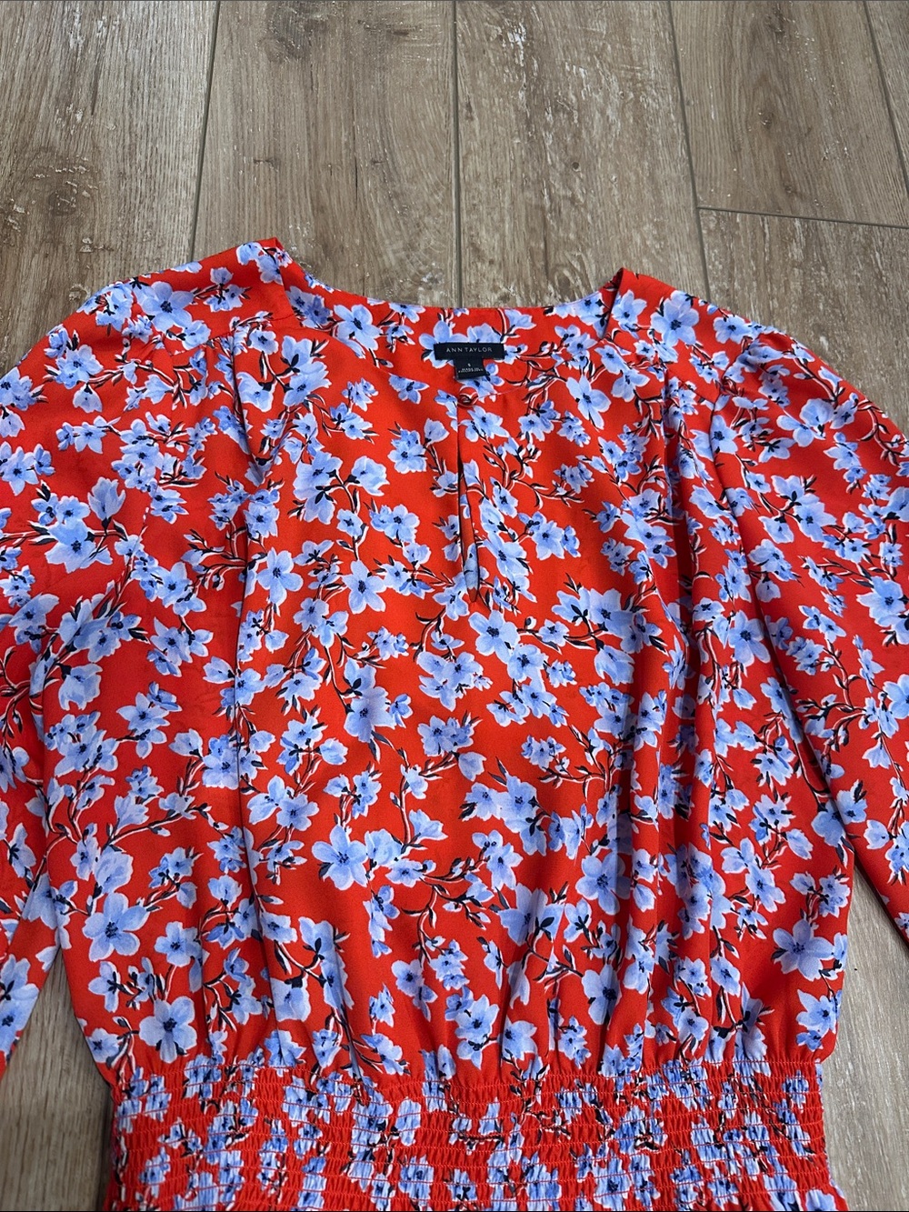 Ann Taylor Smocked Red and Blue Floral Blouse Size S - Picture 2 of 7